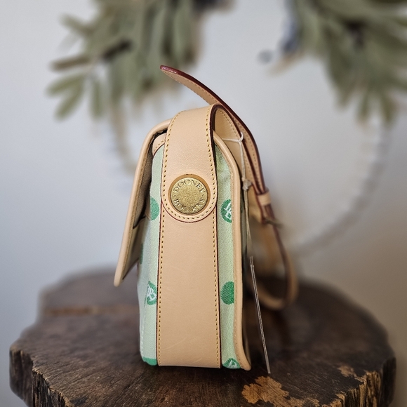 NWT Dooney & Bourke Green Polka Dot Flap Crossbody Canvas Leather Purse - Picture 11 of 14